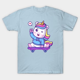 Cute Unicorn Waving Hand On Skateboard Cartoon T-Shirt